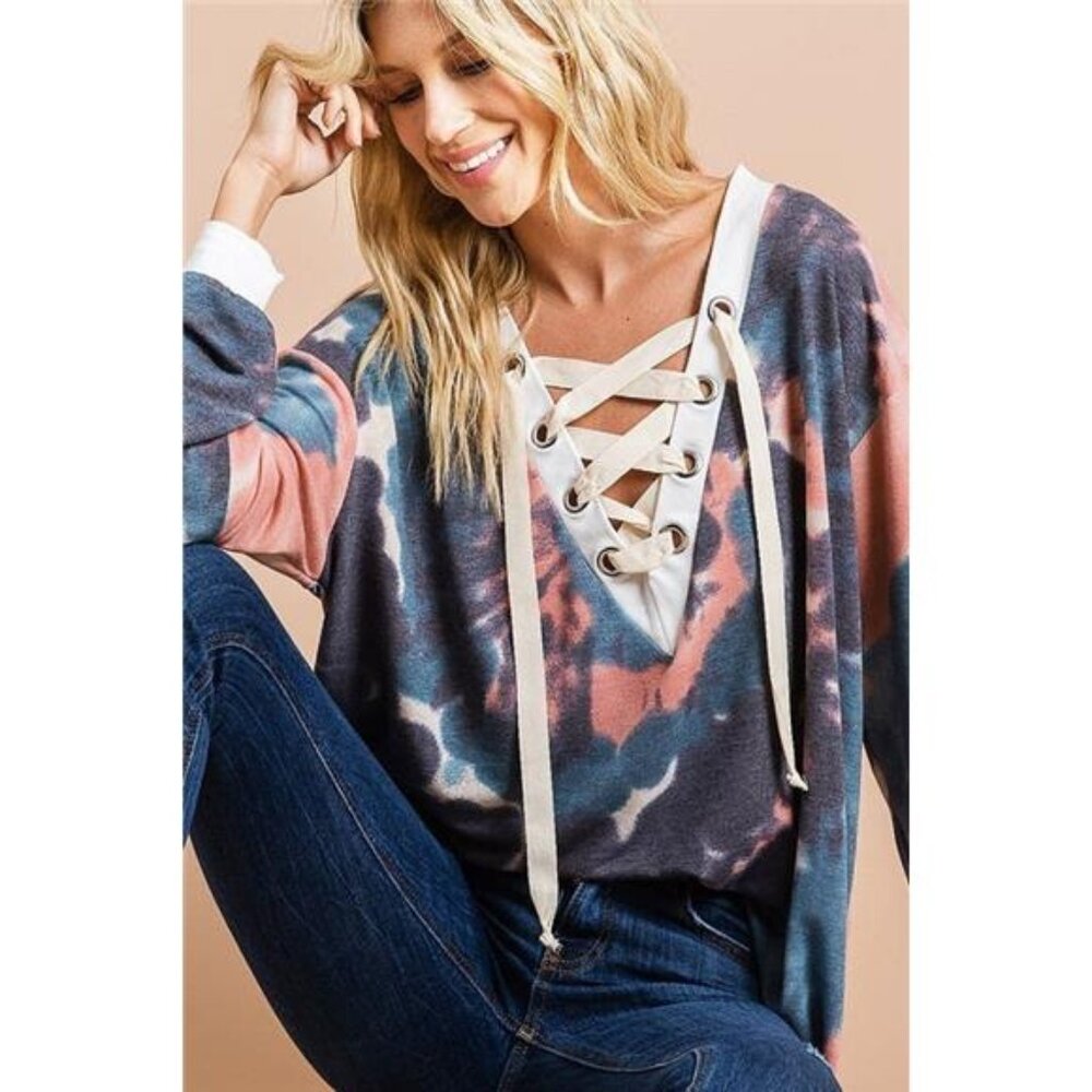 ✨NWT BiBi Tie Dye Deep V-Neck Top with Lace Up‎ Front